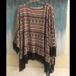 Double D ranch wear poncho with leather fringe